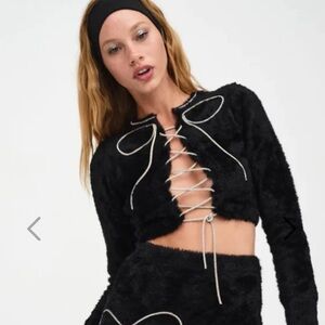 NEW For Love & Lemons Vivienne Bow Lace Up Cardigan Black Silver Coquette NWT S